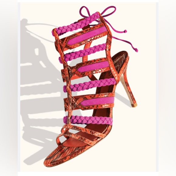 B Brian Atwood- Elisa Python Tie-Back Sandal, Orange/Pink 37.5 - Picture 1 of 4
